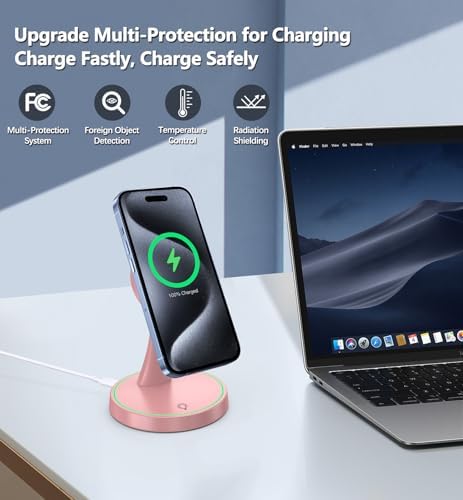 Efficient Magnetic Wireless Charging Stand – 15 W Fast Mag Safe Charger for i Phone 16 Series & Earlier, Sleep-Friendly Indicator Light, Sleek Design, Enhanced Compatibility & Quick Charge for Air Pods – Ultimate Cordless Convenience
