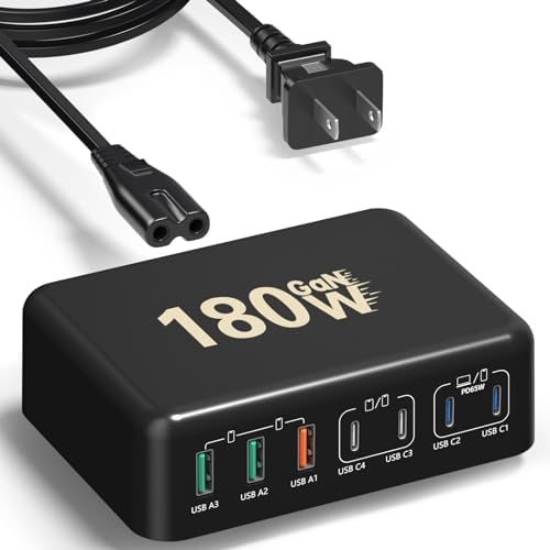 Bangfun 180 W USB C Charging Hub – 7-Port Fast Charging Station for i Phone, i Pad, Samsung – Multi-Device Power Adapter with Smart Technology for Rapid & Efficient Charging – Compact Black Design for Home & Office Use
