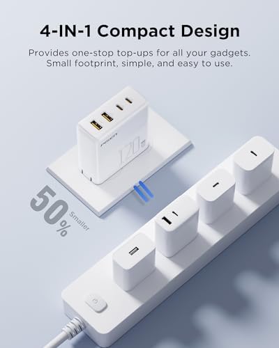 PISEN 65 W Ga N USB-C Fast Charger | 4-Port Compact Wall Adapter with 4 FT Cable | Ultimate Charging Solution for Mac Book Pro, i Pad Pro, Galaxy S23 & i Phone Series | Enhanced Speed, Energy Efficiency & Travel-Friendly Design
