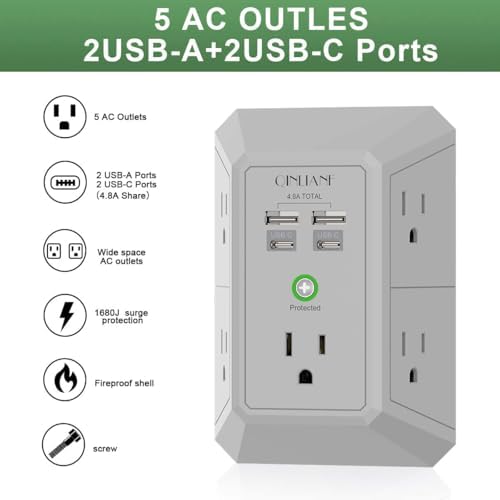 QINLIANF 5-Outlet USB Wall Charger with Surge Protection – 4 USB Ports (4.8 A Total) Power Strip Extender, 3-Sided Design for Easy Access, 1680 J Surge Defense, Compact Multi-Plug Adapter for Home, Travel, and Office Use – Elevate Your Charging Experience with Versatile Compatibility and Safety