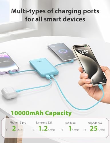 Experience Ultimate Portability with Alongza 10,000 m Ah Fast Charging Power Bank – Sleek Design with Built-In Cables and AC Plug for Effortless Device Charging on the Go – Lightweight, Compact USB C External Battery for Seamless Travel Convenience and Enhanced Compatibility Across All Smartphones and Gadgets