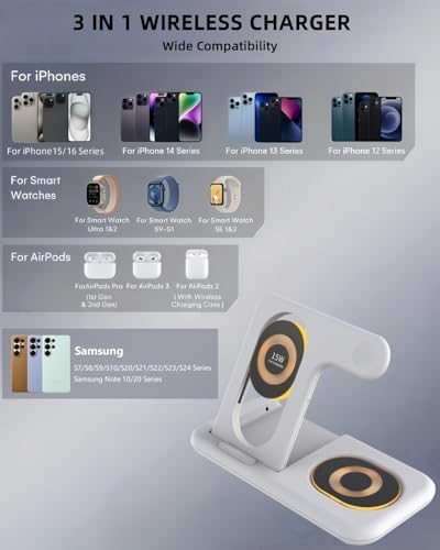 Innovative 3-in-1 Wireless Charging Station with Adjustable Night Light – Fast Charge Your i Phone 16-12, Samsung Galaxy S24-22, Apple Watch, and Air Pods Simultaneously – Sleek Foldable Design for Enhanced Space Efficiency and User-Friendly Operation – Durable ABS Construction with Tempered Glass Panel for Scratch Resistance and Efficient Heat Dissipation – Perfect for Nighttime Use with Soft LED Lighting – Ideal for Home or Office Setup – Compatible with Most Wireless Charging Devices – Elevate Your Charging Experience with One Convenient Solution