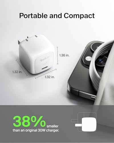 Belkin 30 W Compact Charger Block with 1 M USB-C to C Cable – Ultra-Fast Charging for Apple i Phone 16/15/14/13, Samsung Galaxy S25, i Pad, Air Pods, Nintendo Switch 2 & More – Sleek Design for Home and Travel – Superior Power Delivery Efficiency