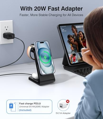 Ultimate 3-in-1 Wireless Charging Hub for Apple Devices: Fast Charging Dock for i Phone 16/15/14/13/12, Apple Watch Series 1-10, and Air Pods Pro with 20 W Adapter – Sleek Bedside Solution for a Clutter-Free Lifestyle