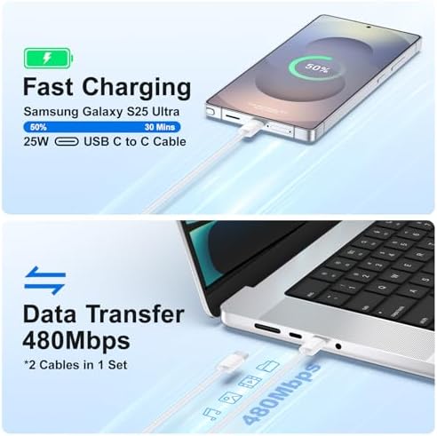 Excgood 25 W Ultra-Fast USB C Charger with 6 ft Durable Braided Type C Cable – Optimal Charging Solution for Galaxy S25/S24/S23/S22 – Dual Pack for Home & On-the-Go – Enhanced Power Delivery with Safety Features