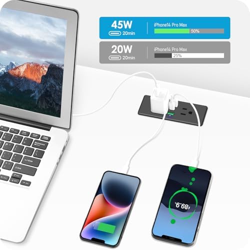Transform Your Space with HHSOET 5-in-1 Recessed Power Strip – Flat Plug Design Featuring 20 W Fast Charging, 2 AC Outlets, 3 USB Ports (Including USB-C), and 6 ft Power Cord for Effortless Connectivity in Home Offices and Conference Rooms – Elevate Your Charging Efficiency and Aesthetic Appeal