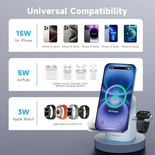 Revolutionary 3-in-1 Rotating Wireless Charger – Qi2 Certified 15 W Fast Charging Station for i Phone 16/15/14/13/12, Apple Watch & Air Pods – Enhanced Heat Management & Magnetic Alignment – Sleek Matte Design with Touch-Sensitive Stand and Ambient Night Light – Effortless Portrait/Landscape Mode for Seamless Use – Ultimate Charging Solution for All Your Apple Devices – Organized Desktop Power Hub with Smart IC Protection – Includes Power Adapter & USB-C Cable – Perfect for Home, Office, or Travel
