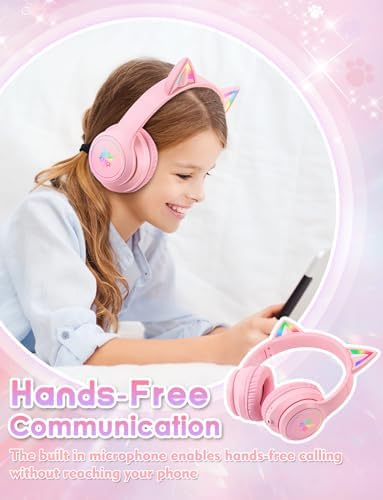 Whimsical Cat Ear Bluetooth Headphones for Kids & Adults – Immersive Hi-Fi Sound, 55-Hour Playtime, LED Light-Up Design, Built-In Microphone, and Universal Compatibility with i Phone, i Pad, Laptop & PC for Ultimate Fun and Comfort