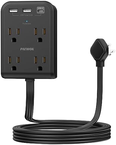 Maximize Power Efficiency with 6 ft Flat Electrical Outlet Extender – 4 Outlets & 3 USB-C Ports, Space-Saving Surge Protector for Home & Office, Rapid Device Charging Power Hub, Sleek White Design