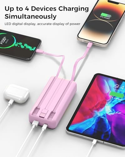 Ultra High Capacity 40,000 m Ah Portable Power Bank with Integrated Cables – 22.5 W PD Fast Charging Solution for i Phone 16/15/14/13, Samsung Galaxy S24/S23/S22/S21 & More – 5 Output Ports & 3 Input Options for Multi-Device Compatibility – Precision LED Display for Real-Time Power Monitoring – Lightweight & Compact Design Perfect for Outdoor Adventures, Travel, Camping, and More – Versatile Backup Battery for Smart Devices Including Tablets, Cameras, and More – Ultimate Charging Convenience Wherever You Go