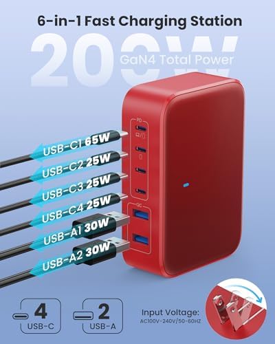 200 W USB C Charging Hub with 6 Ports – Ga N IV Foldable Wall Charger for Rapid Device Power-Up, PD 65 W Laptop Charger for Mac Book Pro, Dell, i Phone 16/15, i Pad, Galaxy & Steam Deck – Compact & Travel-Friendly Fast Charging Solution