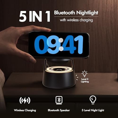 5-in-1 Mag Safe Wireless Charging Station with Bluetooth Speaker & Night Light – Fast Charging Hub for i Phone 16/15/14/13/12 Pro Max, Apple Watch Ultra, and Air Pods – Portable Travel-Friendly Design with Adjustable Warm Light and Enhanced Safety Features