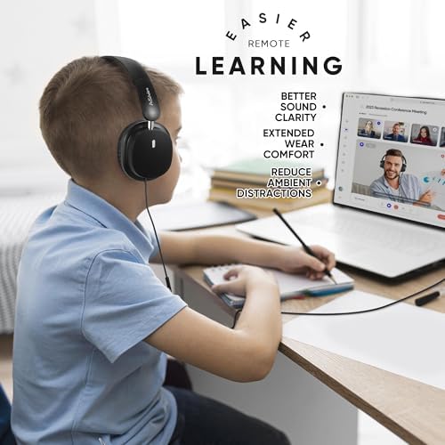 Bulk Set of 5 Over-Ear Kids Headphones – Premium Wired Audio Gear for Classroom and Travel Use – Exceptional Sound Quality, Comfort, and Foldable Design for On-the-Go Learning – Sleek Black Finish for Style and Durability