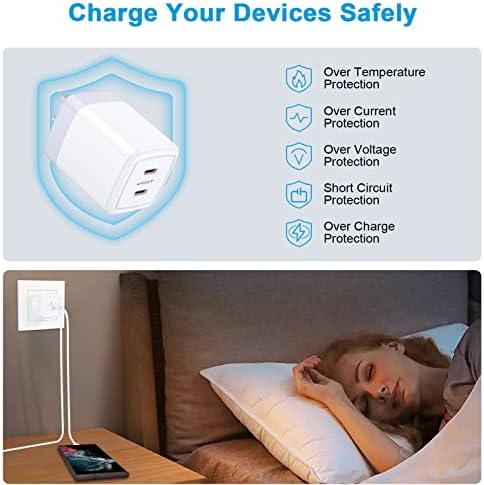 40 W Dual Port USB C Charger Box for Google Pixel & Samsung Galaxy Devices – Fast Charging Power Adapter with 6 FT Type C Cable for Seamless Connectivity and Enhanced Compatibility – Ideal for Home and Travel Use