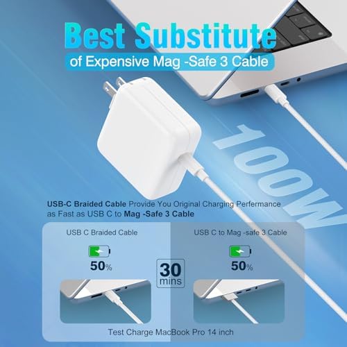 High-Performance 100 W USB-C Charger for Mac Book Pro & Air | Compact, Efficient Power Adapter with 6.6 FT Braided Cable | Compatible with M1, M2, M3, M4 Models | Original Quality Enhances Battery Longevity | Advanced Safety Features & 12-Month Assurance | Rapid Charging for All USB-C Devices