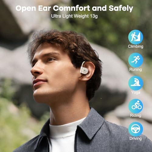 MAIRDI Bluetooth 5.3 Open Ear Sport Headphones – Wireless Air Conduction Earbuds with 8-Hour Playtime and Noise Reduction Mic for Uninterrupted Running and Cycling – Ergonomic Design for Maximum Comfort and Awareness – Premium Sound Quality in White