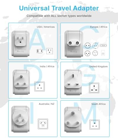 VINTAR All-in-One Global Travel Adapter: Ultimate Universal Power Converter with 4 AC Outlets & 3 High-Speed USB Ports (2 USB-C) – Enhanced Worldwide Compatibility for Europe, UK, Australia, Japan, and Africa – Must-Have Travel Accessory with Interchangeable Plug Attachments for Effortless Device Charging