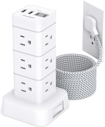 High-Performance Surge Protector Power Strip Tower with 12 Outlets and 4 USB Ports (2 USB-C) – Versatile Desktop Charging Station for Home Office and College Dorms, 6 Ft Flat Plug Extension Cord, Space-Saving Design for Enhanced Device Connectivity and Safety