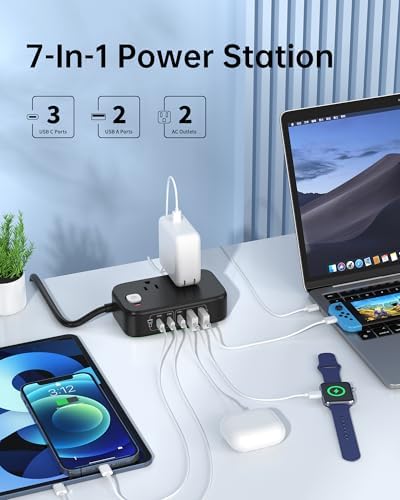 Effortless Power: 65 W USB Charging Station with Surge Protection – 5 FT Flat Extension Cord for Travel, Home, Office & School – Multi-Device Charging Hub for Fast, Safe Energy Delivery – Lightweight & Compact Design for Ultimate Portability