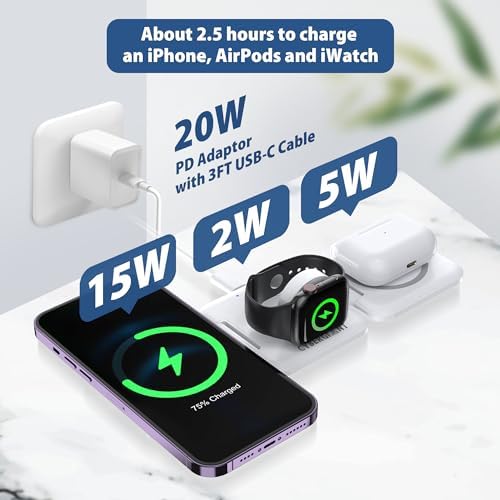 Revolutionary 3-in-1 Foldable Apple Charging Station: Compact Magnetic Dock for i Phone, Air Pods & i Watch – Travel-Ready Power Hub with Adaptor & Protective Case (Chic White) – Enhanced Speed for Seamless Device Compatibility and Streamlined Charging Solutions