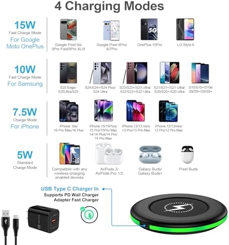 15 W Fast Wireless Charger Pad for Android & i Phone | Enhanced Compatibility for Google Pixel 9 Series, Samsung Galaxy S25/S24 | Travel-Friendly Design with Smart Charging Technology | Includes QC 3.0 Power Adapter & USB-C Cable | Safe & Efficient Charging for All Your Devices | Sleek, Compact, and Case-Friendly Charging Solution | Ideal for Home, Office, or On-the-Go Use | Multi-Protection System Against Overcharging & Short-Circuits | LED Indicator for Charging Status | Perfect for Modern Mobile Users Seeking Speed and Convenience