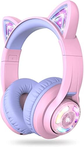Magical Cat Ear Bluetooth Headphones for Kids – Mesmerizing Gradient Pink with LED Glow, 50-Hour Battery Life, Safe 74/85 d BA Volume Limiting, Superior Bluetooth 5.2 Connectivity & Rapid USB-C Charging for Ultimate Travel Convenience and Enjoyment