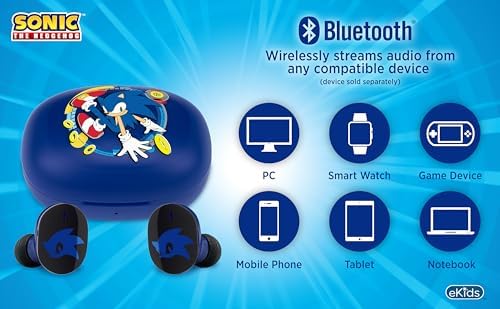 Sonic The Hedgehog Kids Wireless Bluetooth Earbuds with Microphone – Ultimate Audio Adventure for Young Gamers – Lightweight, Durable Design with Compact Charging Case for School, Travel, and Home Use – Effortless Connectivity and Enhanced Device Compatibility for Endless Fun