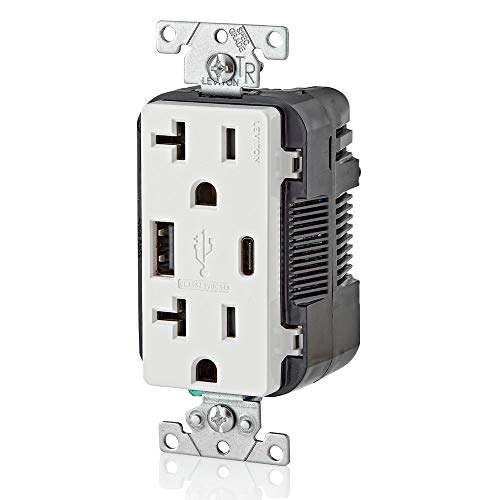 Leviton Dual USB In-Wall Charger with 20 A Tamper-Resistant Outlet – Type A & Type-C Compatibility for Smartphones and Tablets, Light Almond Finish – Streamlined Charging Solution for Home and Office Spaces