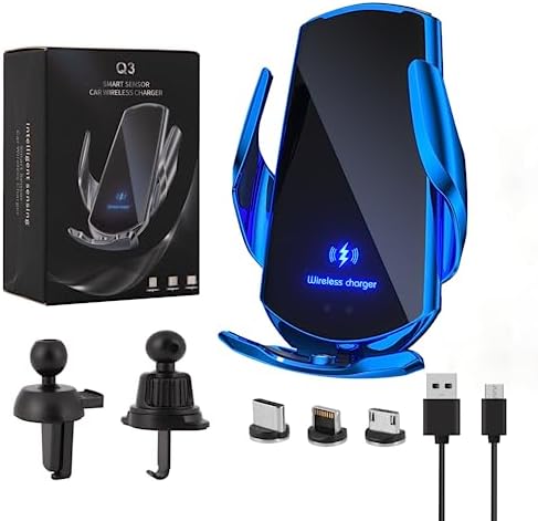 Seamless Wireless Car Charger – 15 W Fast Charging Phone Holder with Auto-Clamping Mechanism for Android Smartphones – Stylish Air Vent Mount in Blue for Optimal Convenience and Compatibility
