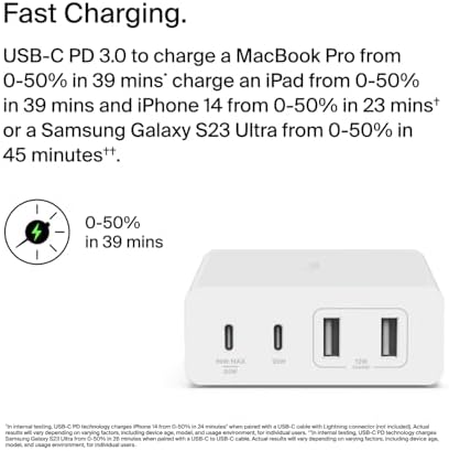 Belkin 4-Port 108 W Ga N Fast Charger Block – Ultimate Multi-Device Power Hub with USB-C PD & USB-A Ports for i Phone 16, Samsung Galaxy S25, Mac Book, Google Pixel, Nintendo Switch 2 – Compact, Lightweight, and Travel-Ready Charging Solution with Advanced Safety Features for Home and On-the-Go Convenience