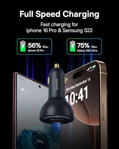 160 W Baseus USB-C Car Charger – Triple-Port Fast Charging Adapter with QC5.0, PD3.0 & PPS for i Phone 15/14/13 Pro, Samsung S22, i Pad & Mac Book Pro – Ultimate Compatibility & Efficiency for Road Trips and Daily Commutes
