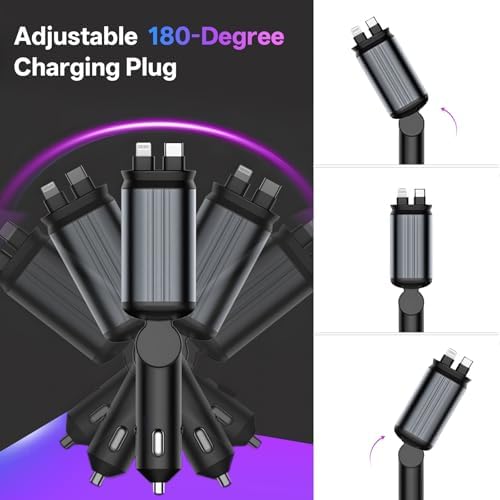 Universal Retractable Car Charger – 4-in-1 Fast Charging Solution for i Phone, Galaxy, Pixel – USB-C & USB-A Compatibility for Ultimate Convenience on the Go