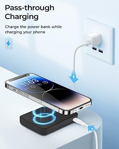 BENKS 10,000 m Ah Magnetic Power Bank – Ultra-Fast Wireless Charger for i Phone 15/14/13/12 Series, Mag Safe-Compatible, Sleek Pink Design with Dual 20 W USB-C Ports for Rapid Charging and Enhanced Portability