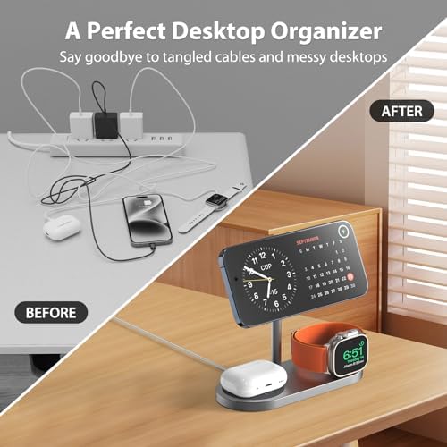 Sleek Aluminum Alloy 3-in-1 Magnetic Wireless Charging Station for Apple Devices – Fast 5 W Charger for i Phone 16/15/14/13/12, Apple Watch 9/8/7/SE & Air Pods – Ideal Travel Accessory for Clutter-Free Charging Solutions