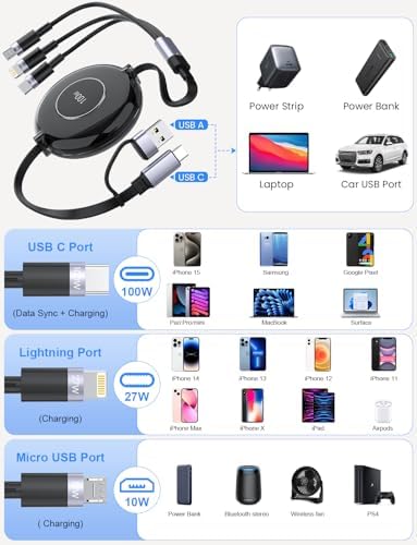 Versatile 3-in-1 Retractable Charging Cable for Ultimate Device Compatibility – 100 W Fast Charging USB-C, Lightning, and Micro USB for i Phone 16/15/14 Pro Max, Samsung Galaxy, Kindle – Portable Travel Charger with Sleek Black Design for Effortless Power on the Go