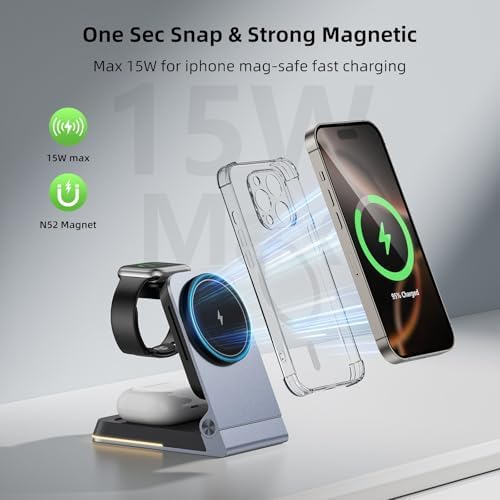 Premium Aluminum 3-in-1 Foldable Wireless Charger Station – Fast Magnetic Charging Dock for i Phone 16/15/14/13/12, Apple Watch & Air Pods with Touch Night Light – Portable Travel Charger with 20 W PD Adapter & Waterproof Case – Ideal Gift for Home, Office & On-the-Go Use