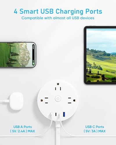 Yozisital PD 20 W 2 Prong Power Strip with 10 FT Extension Cord – 6 Outlets & 4 USB Ports (2 USB-C) for Rapid Charging, 180° Rotating Plug, Surge Protection – Perfect Solution for Older Homes with Limited Outlets