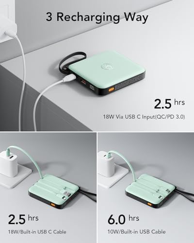 VRURC 10,000 m Ah USB C Portable Charger – Fast Charging Power Bank with Built-in Cable for i Phone 16/15/14, Galaxy S23/S22, Google Pixel & More – Lightweight Green Design for Ultimate Mobility and Reliability
