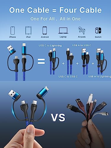 Universal 4-in-1 Multi-Device Charging Cable [2-Pack, 6.6 FT] – 60 W Fast Charging Nylon Braided Lightning & USB-C Cords for i Phone, i Pad, Samsung Galaxy, Mac Book & More – Durable & Tangle-Free Solution for Efficient Powering