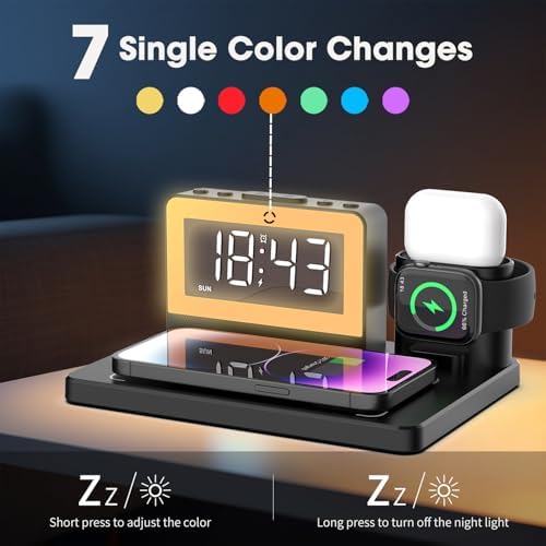 Revolutionize Your Charging Routine with the 7-in-1 Wireless Fast Charging Station – All-in-One Alarm Clock Dock for i Phone, Samsung Galaxy, Apple Watch & Air Pods – Enhanced Speed, Sleek Design, and Safety Features for Ultimate Convenience