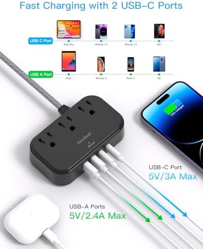 Optimize Your Travel Experience with One Beat Power Strip: 5 Ft Flat Extension Cord Featuring 3 AC Outlets & 4 USB Ports (2 USB-C) – Ideal for Cruise Ships, Dorm Rooms, and On-the-Go Charging – Compact, Non-Surge Protector Design for Enhanced Compatibility & Rapid Device Charging