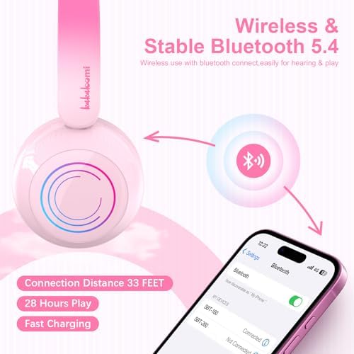 Vibrant LED Bluetooth Headphones for Kids – Lightweight, Hearing-Safe Design with Adjustable Volume Limits, Built-in Microphone, and Ultimate Comfort for School, Travel, and Home – Compatible with Tablets and Smartphones