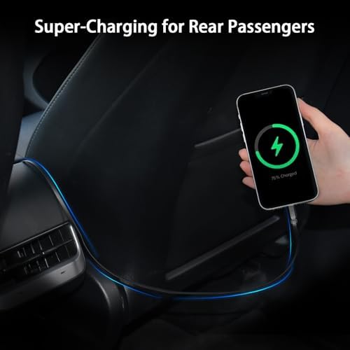 Tesla Model Y, 3, X, S Retractable 4-in-1 Fast Phone Charger – 69 W Adapter with 2.6 ft Cable, 180° Adjustable Design, Real-Time Voltage Display, Enhanced Compatibility for 2025-2017 Models – Ideal Tesla Accessories for Effortless Charging on the Go