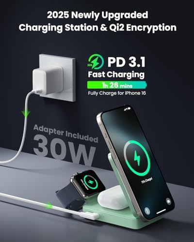 3-in-1 Qi2 Certified Wireless Charging Station – 15 W Fast Magnetic Charger for i Phone 16/15/14/13/12, Apple Watch, Air Pods – Foldable Design with 30 W USB-C Adapter for Ultimate Compatibility and Efficiency – Elevate Your Charging Experience with Enhanced Safety Features and Versatile Viewing Angles