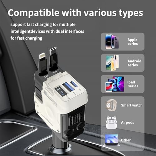 Ultimate 4-in-1 Retractable Car Charger – 69 W USB-C Adapter with Dual Ports, Shock Absorption Technology for i Phone 16 and More, Travel-Ready Power Solution with 31.5-inch Tangle-Free Cables, Essential Road Trip Accessory for Multi-Device Charging