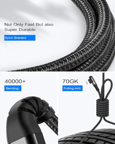10 FT Right Angle i Phone Charger Cable 2-Pack – MFi Certified Lightning Fast Charging for i Phone 14/13/12/11 Pro Max & More – Durable Nylon Braided Design for Optimal Performance and Tangle-Free Convenience – Perfect for Gaming and Streaming