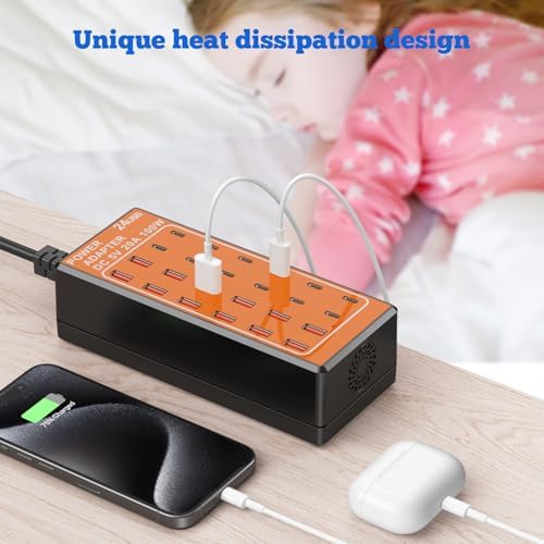 24-Port USB Charging Hub with 100 W Fast Charge Capability – Multi-Device Desktop Station with 12 USB-A & 12 USB-C Ports for Rapid Power Delivery to i Phone, i Pad, Samsung Galaxy, Laptops, and More – Space-Saving Design Ideal for Home or Office Use