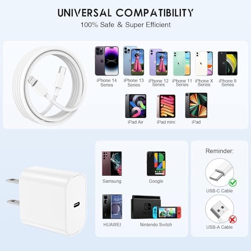 Ultra-Fast 20 W i Phone Charger with 10 ft USB C to Lightning Cable – Stylish Pink Fast Charging Block for i Phone 14 Pro Max, 13, 12, 11, XS, SE, i Pads & Air Pods – Unmatched Compatibility & Durability for On-the-Go Power
