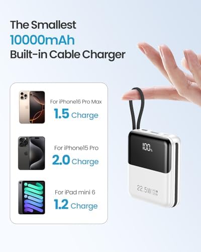 Compact 10,000 m Ah Portable Charger with Built-In Cable – Fast Charging Mini Power Bank for i Phone, Samsung, and Android Devices – Smart LED Display for Battery Monitoring – Ultimate Travel Companion for On-the-Go Power Solutions
