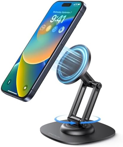 OMOTON 360°Rotating Magnetic Phone Stand for Desk, Adjustable Foldable Aluminum for MagSafe Cell Phone Stand Holder with Non-Slip Base, for iPhone 16/15/14/13 Pro Max/MagSafe Case- Black – Enhanced Compatibility and Speed